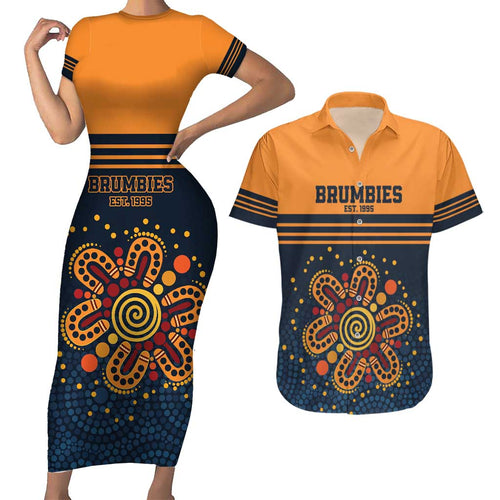 Australia Rugby Pacific Custom Couples Matching Short Sleeve Bodycon Dress and Hawaiian Shirt Super Brumby Aboriginal Dot Art