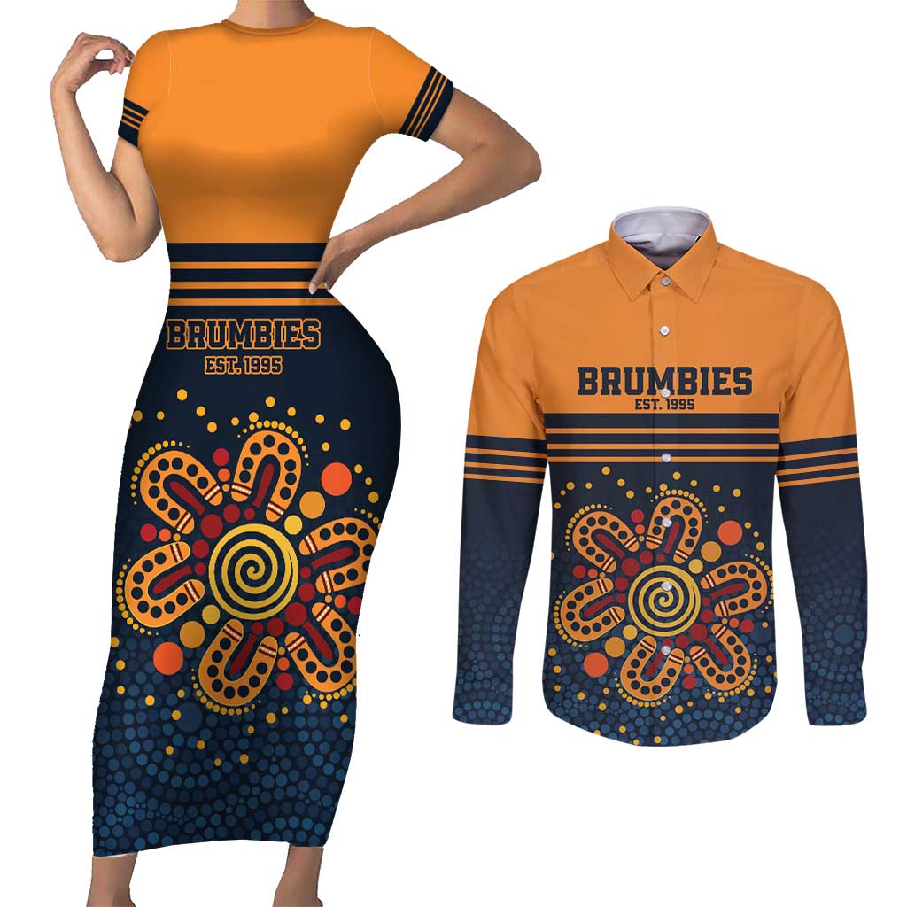 Australia Rugby Pacific Custom Couples Matching Short Sleeve Bodycon Dress and Long Sleeve Button Shirt Super Brumby Aboriginal Dot Art