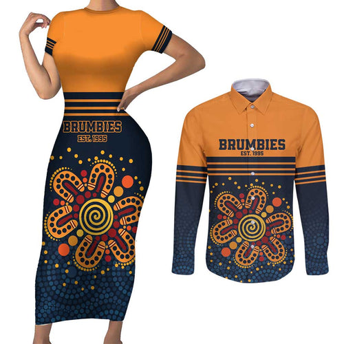 Australia Rugby Pacific Custom Couples Matching Short Sleeve Bodycon Dress and Long Sleeve Button Shirt Super Brumby Aboriginal Dot Art