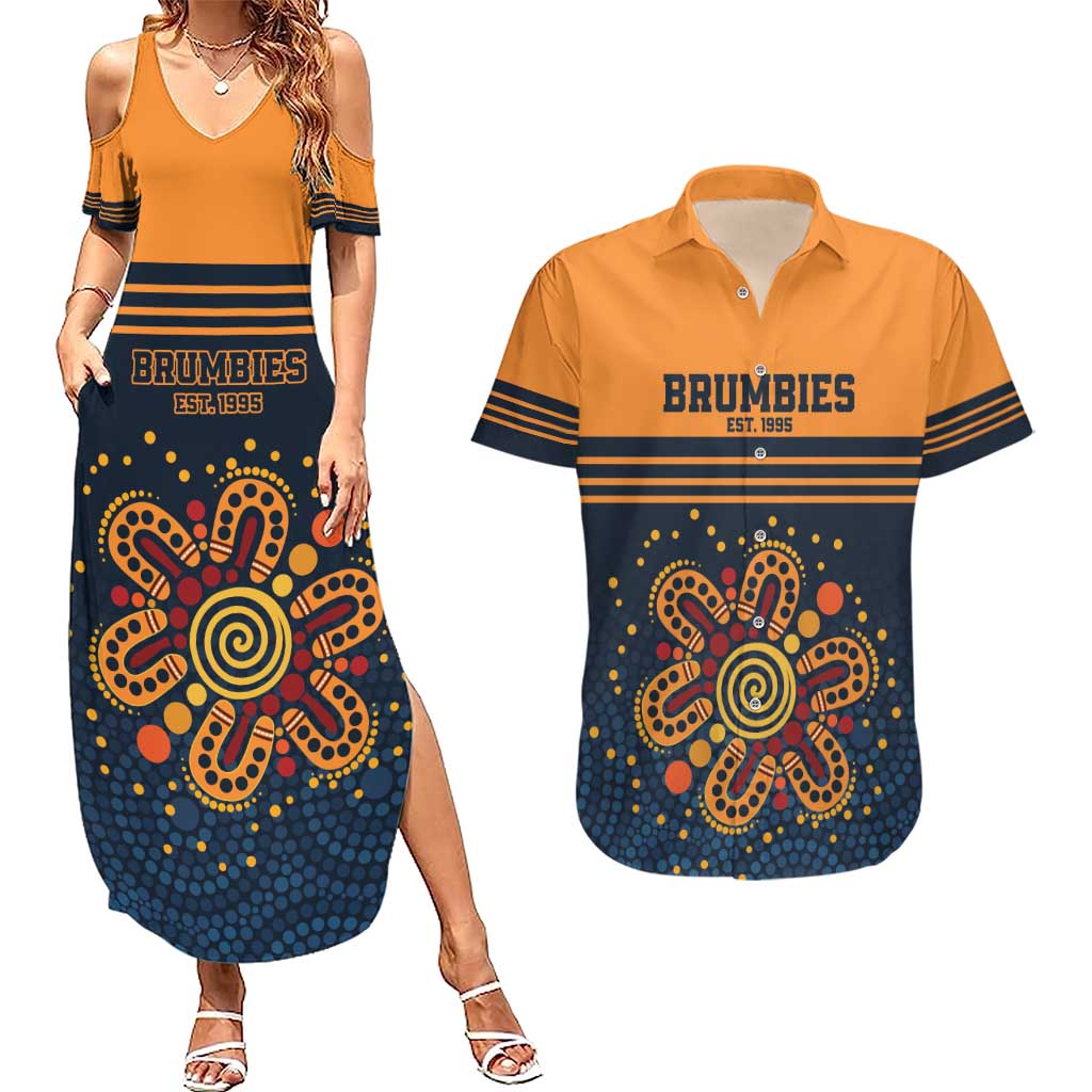 Australia Rugby Pacific Custom Couples Matching Summer Maxi Dress and Hawaiian Shirt Super Brumby Aboriginal Dot Art