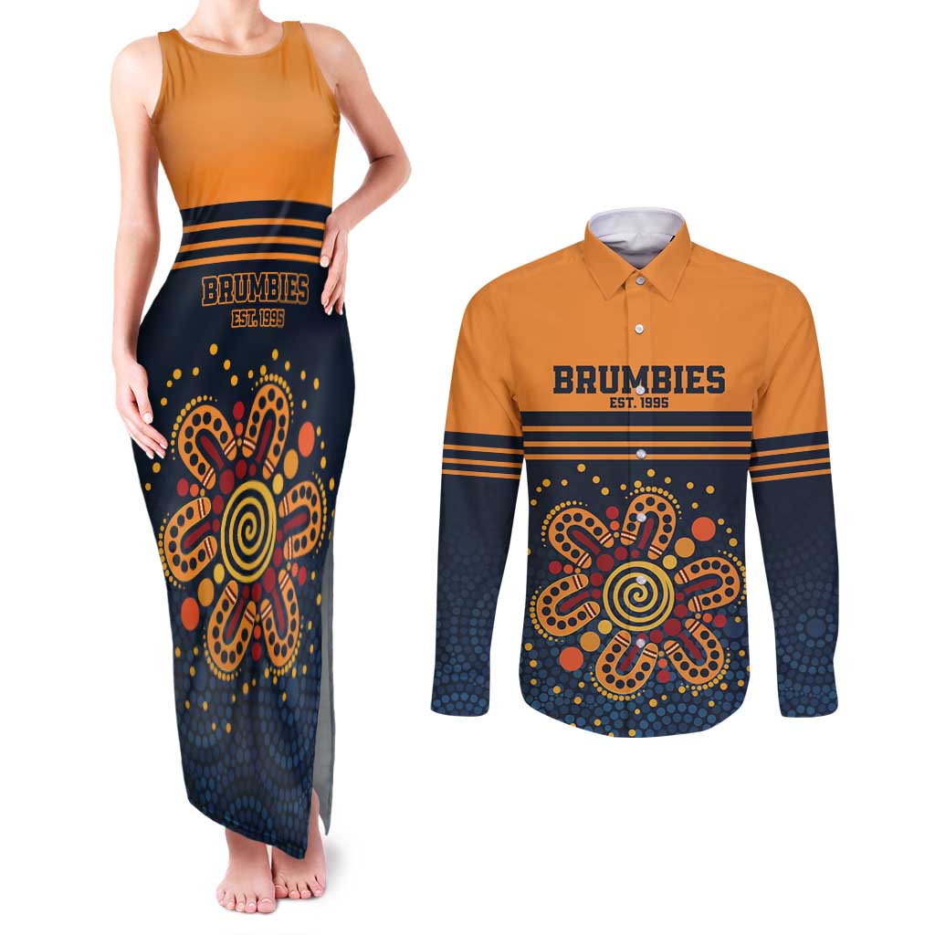 Australia Rugby Pacific Custom Couples Matching Tank Maxi Dress and Long Sleeve Button Shirt Super Brumby Aboriginal Dot Art