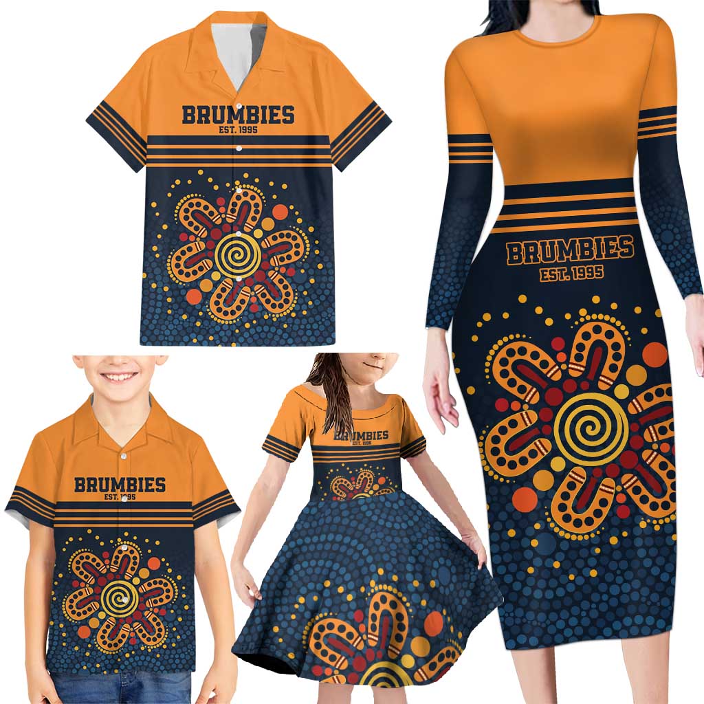 Australia Rugby Pacific Custom Family Matching Long Sleeve Bodycon Dress and Hawaiian Shirt Super Brumby Aboriginal Dot Art