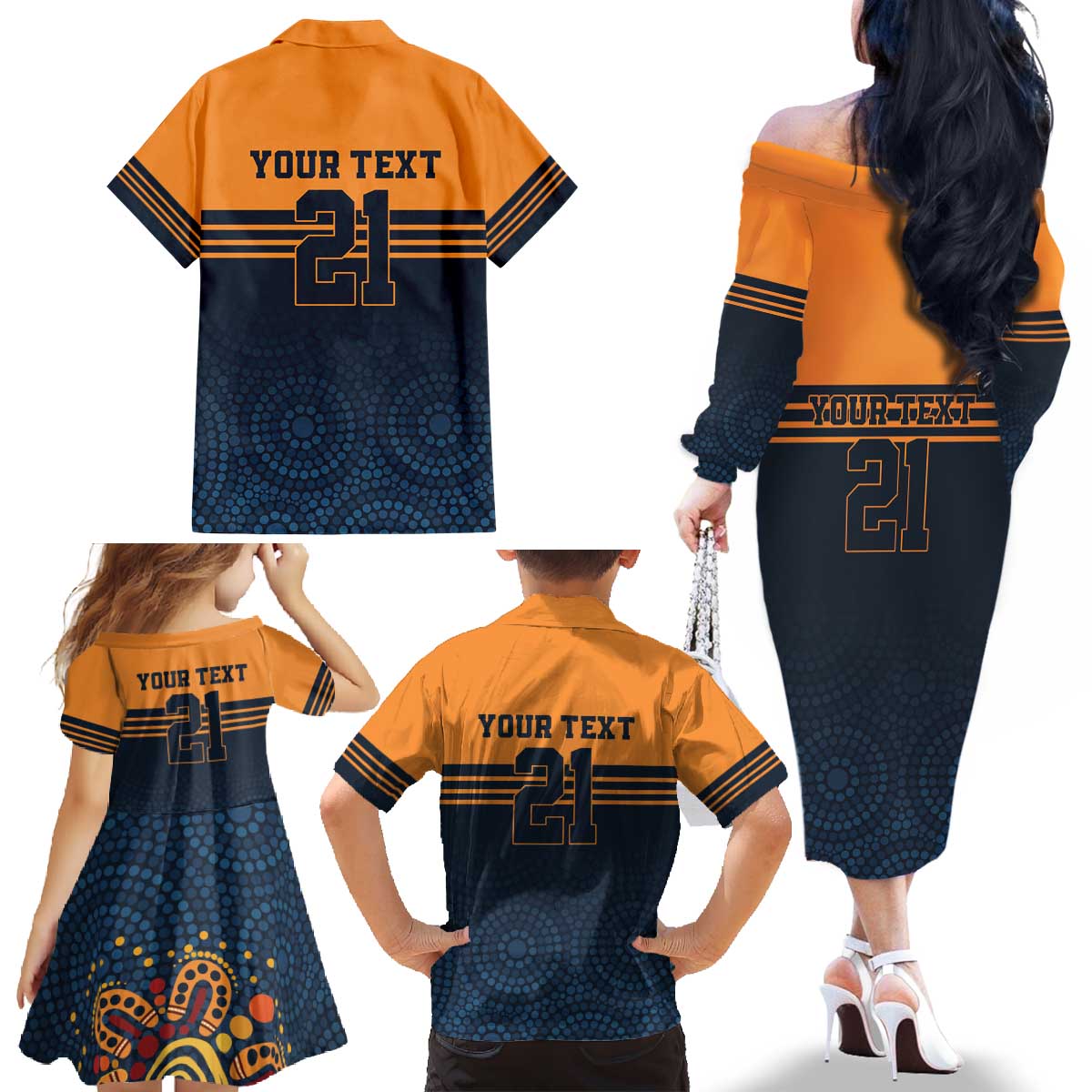 Australia Rugby Pacific Custom Family Matching Off The Shoulder Long Sleeve Dress and Hawaiian Shirt Super Brumby Aboriginal Dot Art