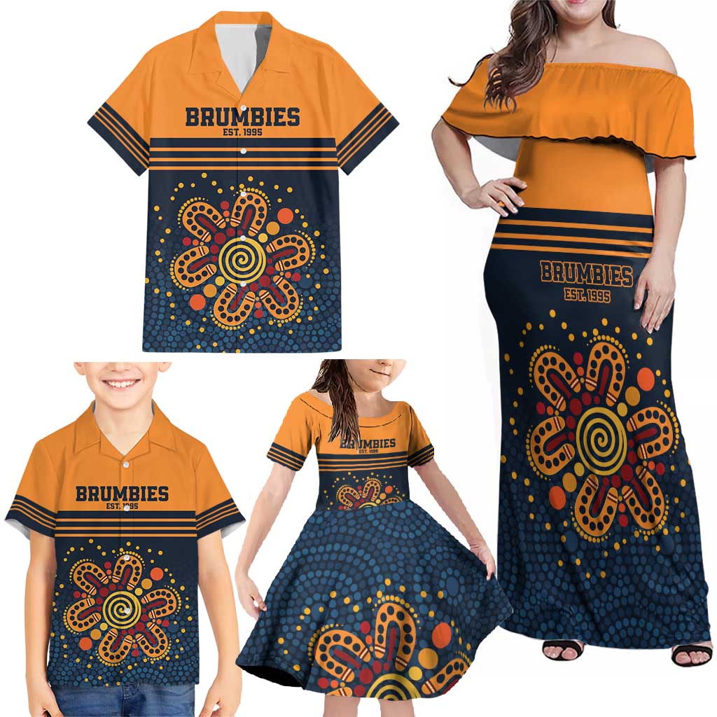 Australia Rugby Pacific Custom Family Matching Off Shoulder Maxi Dress and Hawaiian Shirt Super Brumby Aboriginal Dot Art