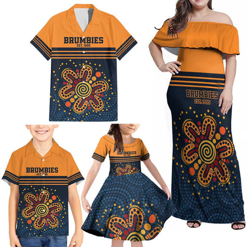 Australia Rugby Pacific Custom Family Matching Off Shoulder Maxi Dress and Hawaiian Shirt Super Brumby Aboriginal Dot Art