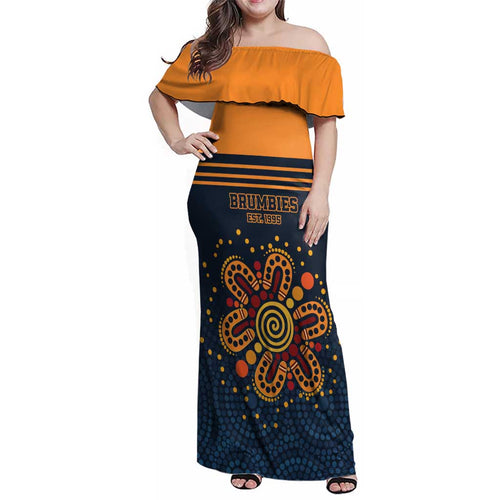 Australia Rugby Pacific Custom Family Matching Off Shoulder Maxi Dress and Hawaiian Shirt Super Brumby Aboriginal Dot Art