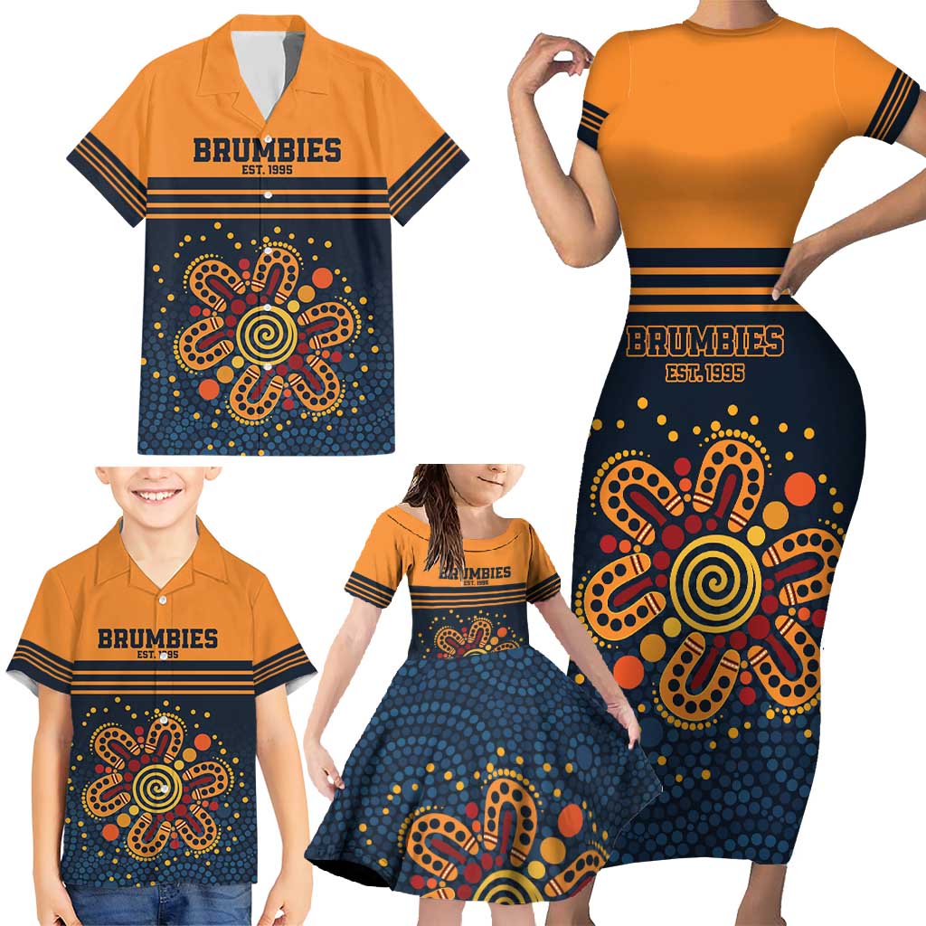 Australia Rugby Pacific Custom Family Matching Short Sleeve Bodycon Dress and Hawaiian Shirt Super Brumby Aboriginal Dot Art