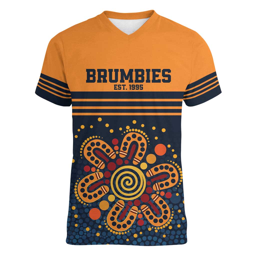 Australia Rugby Pacific Custom Women V-Neck T-Shirt Super Brumby Aboriginal Dot Art