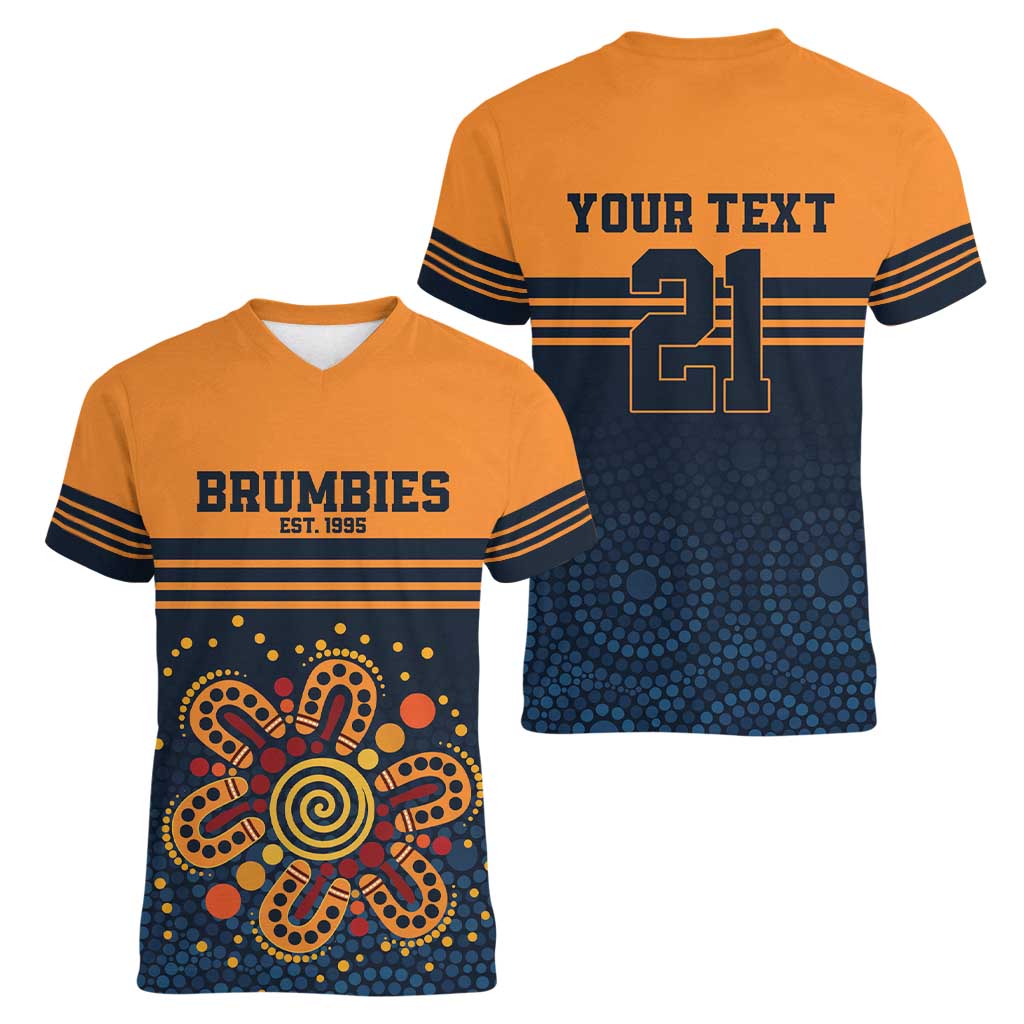 Australia Rugby Pacific Custom Women V-Neck T-Shirt Super Brumby Aboriginal Dot Art