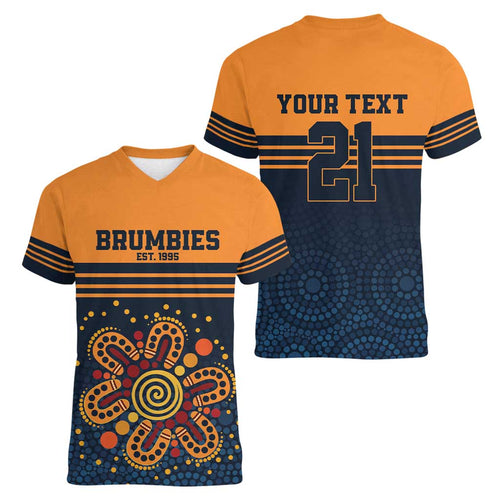 Australia Rugby Pacific Custom Women V-Neck T-Shirt Super Brumby Aboriginal Dot Art