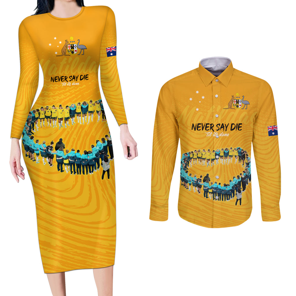 matildas-til-its-done-custom-couples-matching-long-sleeve-bodycon-dress-and-long-sleeve-button-shirt-australia-womens-soccer-gold-style
