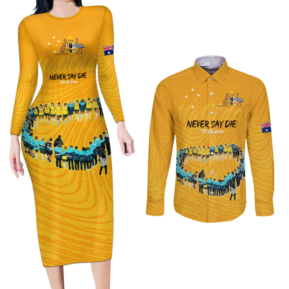 matildas-til-its-done-custom-couples-matching-long-sleeve-bodycon-dress-and-long-sleeve-button-shirt-australia-womens-soccer-gold-style