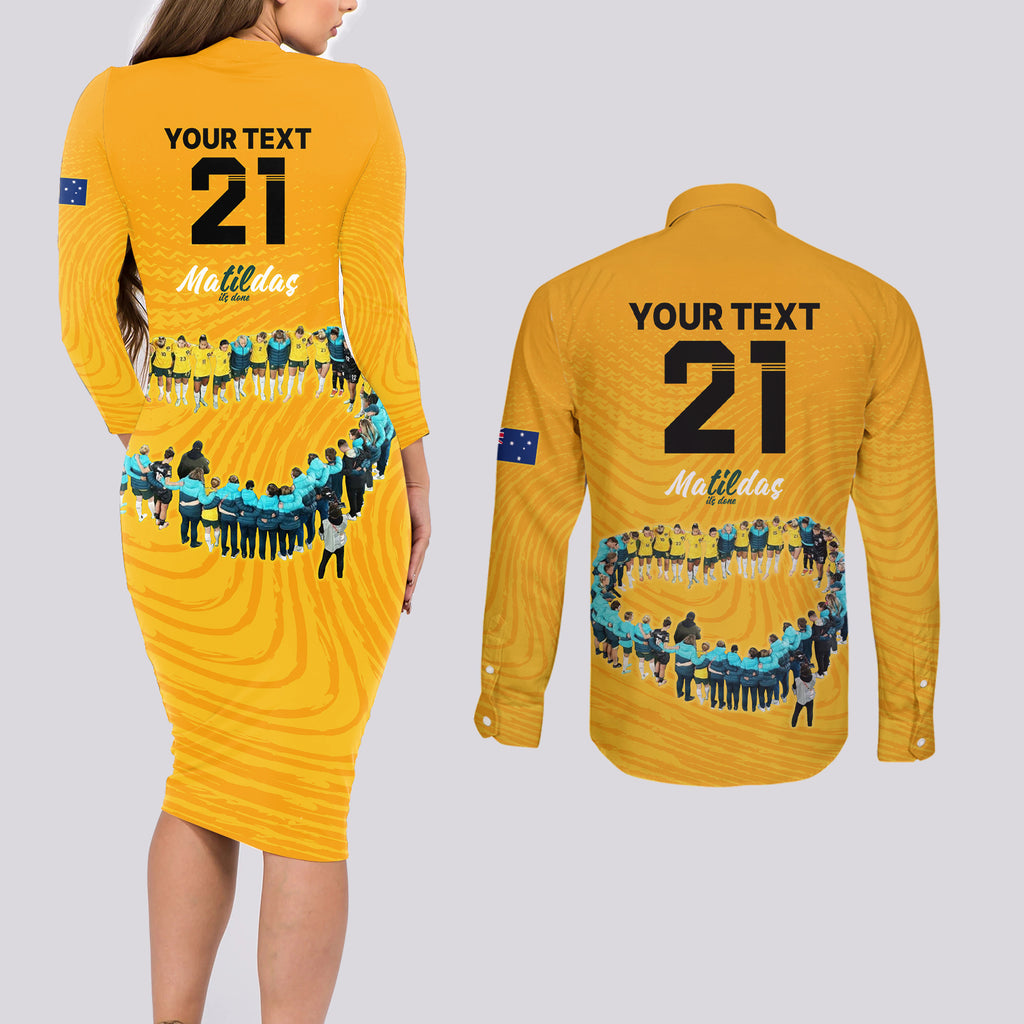 matildas-til-its-done-custom-couples-matching-long-sleeve-bodycon-dress-and-long-sleeve-button-shirt-australia-womens-soccer-gold-style