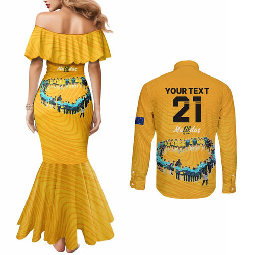 matildas-til-its-done-custom-couples-matching-mermaid-dress-and-long-sleeve-button-shirt-australia-womens-soccer-gold-style