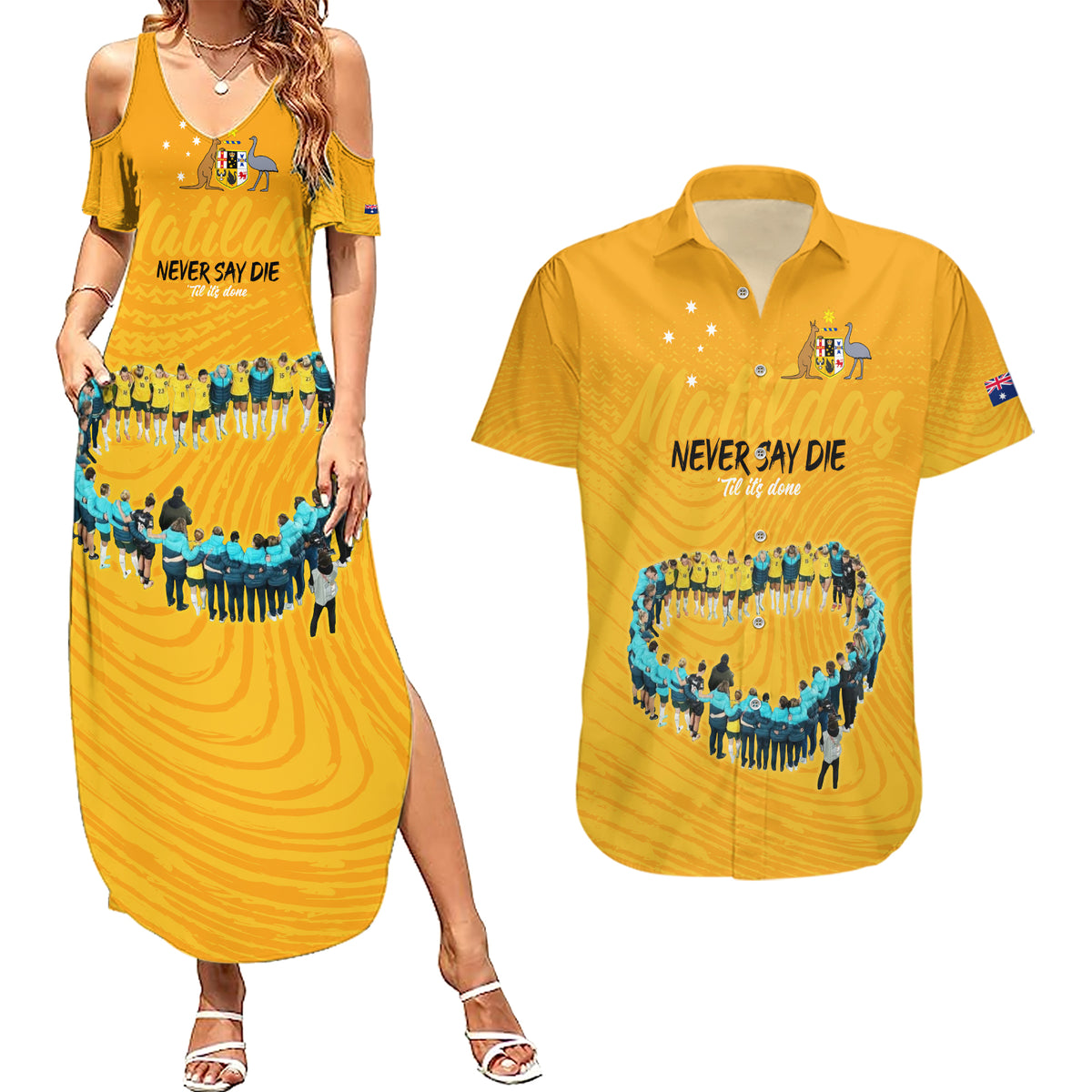 matildas-til-its-done-custom-couples-matching-summer-maxi-dress-and-hawaiian-shirt-australia-womens-soccer-gold-style