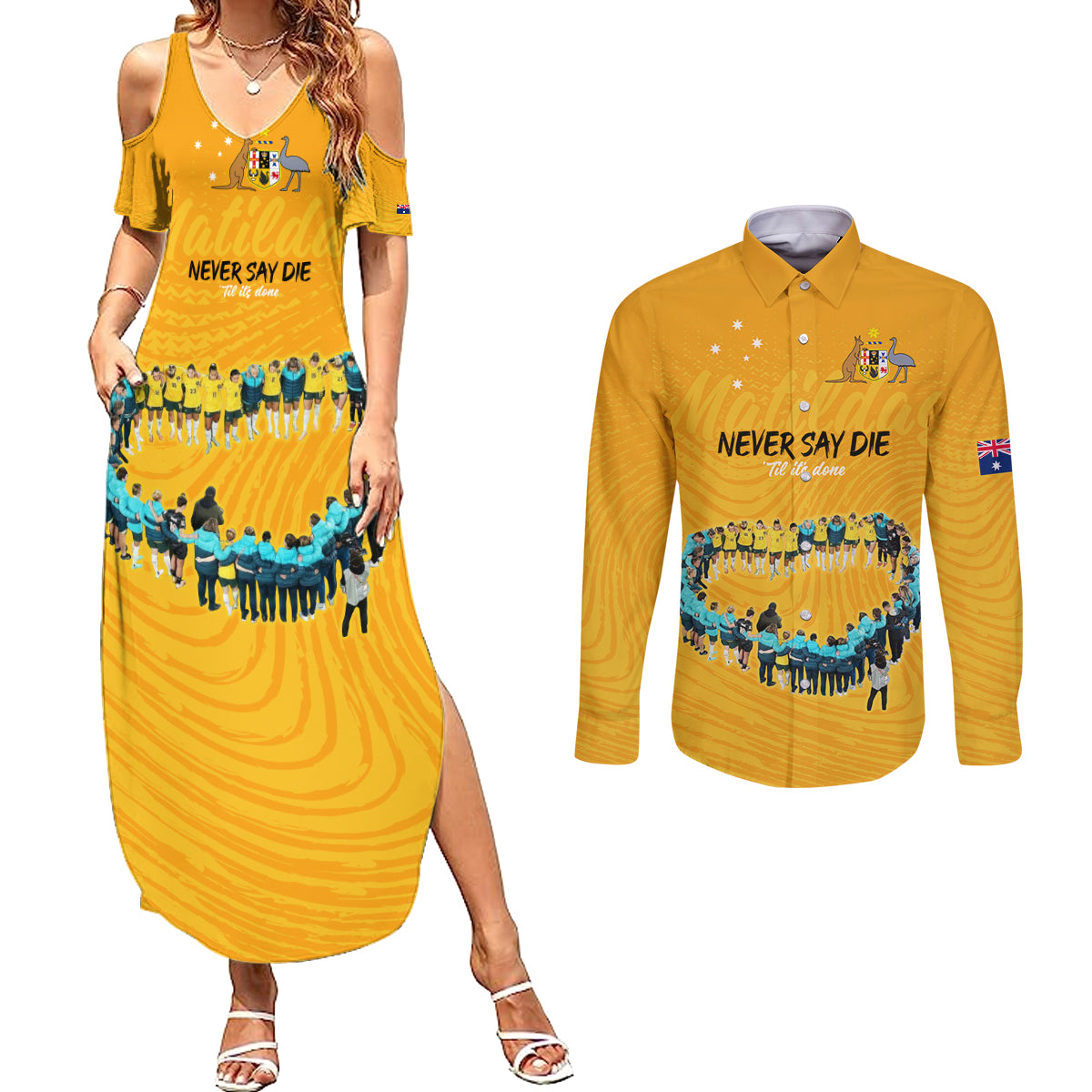 matildas-til-its-done-custom-couples-matching-summer-maxi-dress-and-long-sleeve-button-shirt-australia-womens-soccer-gold-style