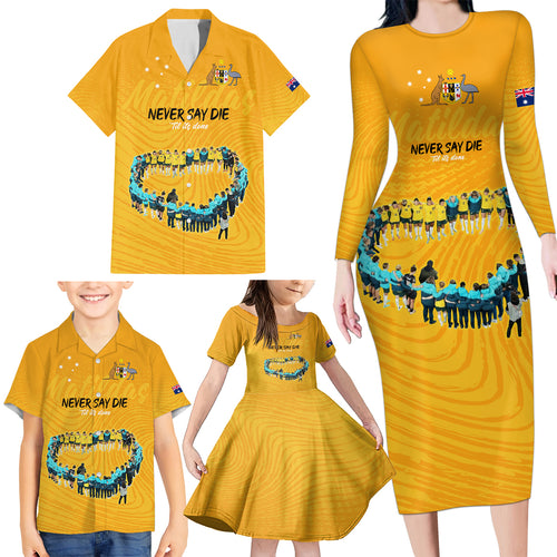 matildas-til-its-done-custom-family-matching-long-sleeve-bodycon-dress-and-hawaiian-shirt-australia-womens-soccer-gold-style