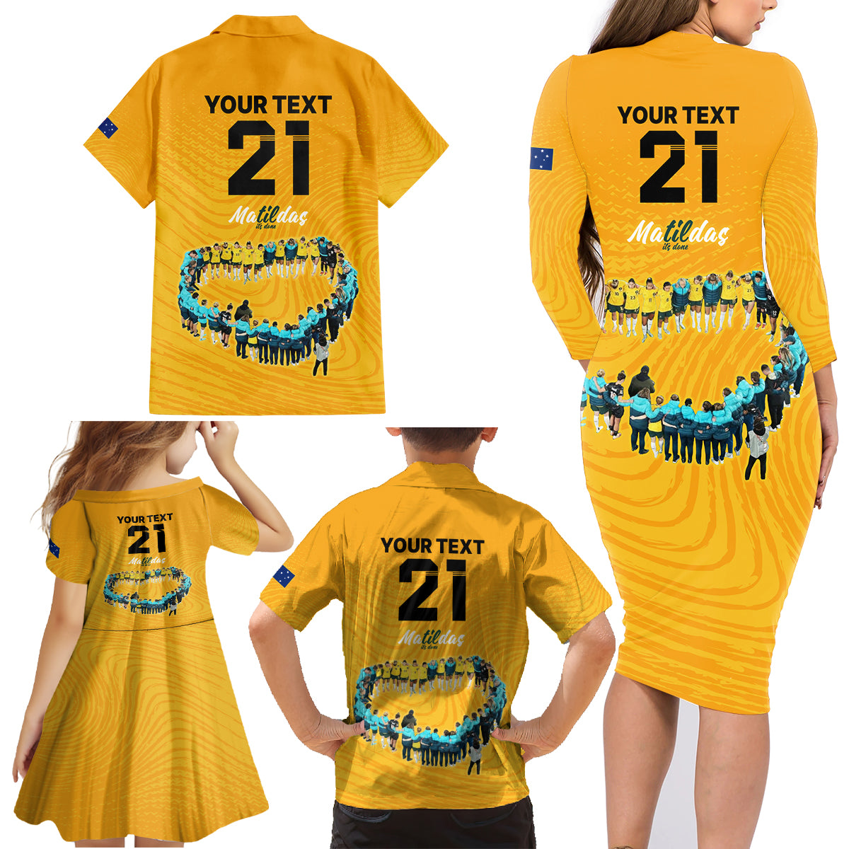matildas-til-its-done-custom-family-matching-long-sleeve-bodycon-dress-and-hawaiian-shirt-australia-womens-soccer-gold-style