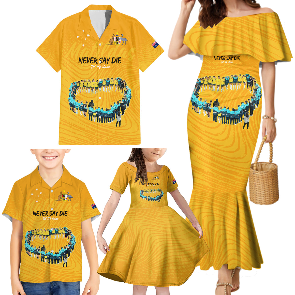matildas-til-its-done-custom-family-matching-mermaid-dress-and-hawaiian-shirt-australia-womens-soccer-gold-style
