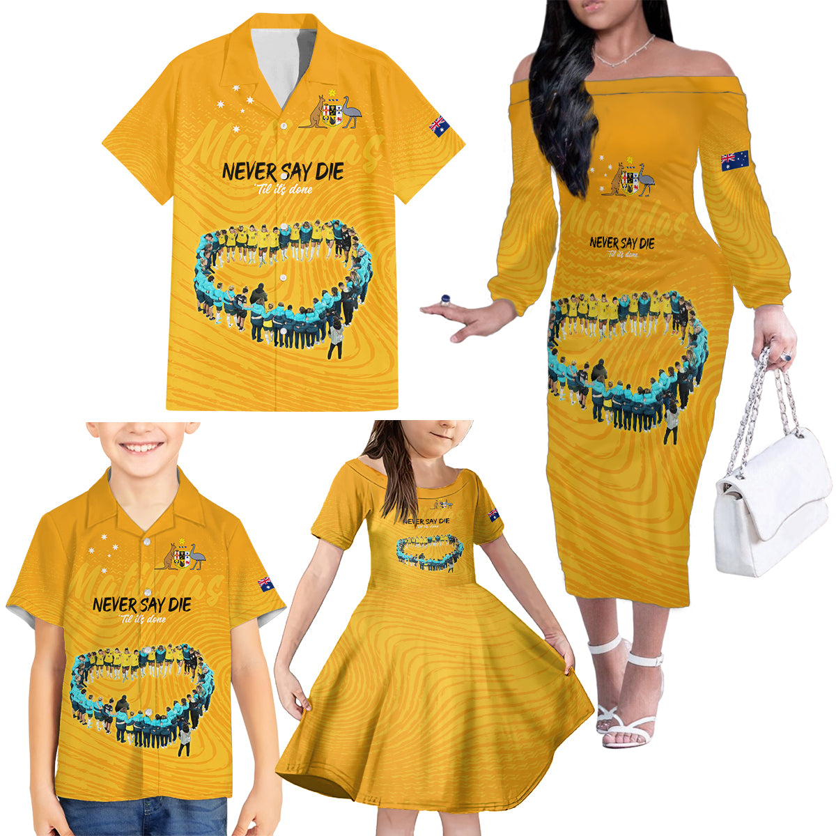 matildas-til-its-done-custom-family-matching-off-shoulder-long-sleeve-dress-and-hawaiian-shirt-australia-womens-soccer-gold-style
