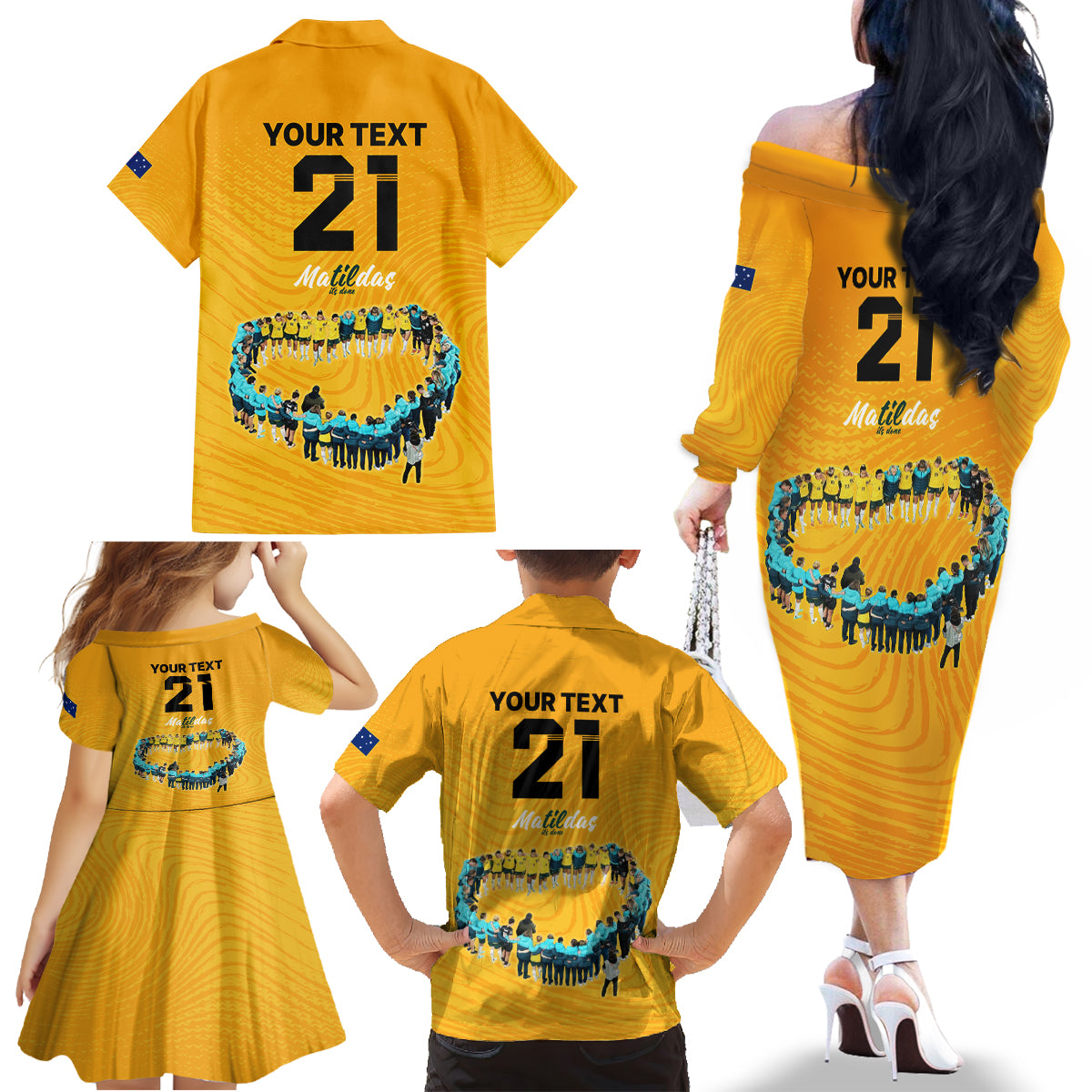 matildas-til-its-done-custom-family-matching-off-shoulder-long-sleeve-dress-and-hawaiian-shirt-australia-womens-soccer-gold-style