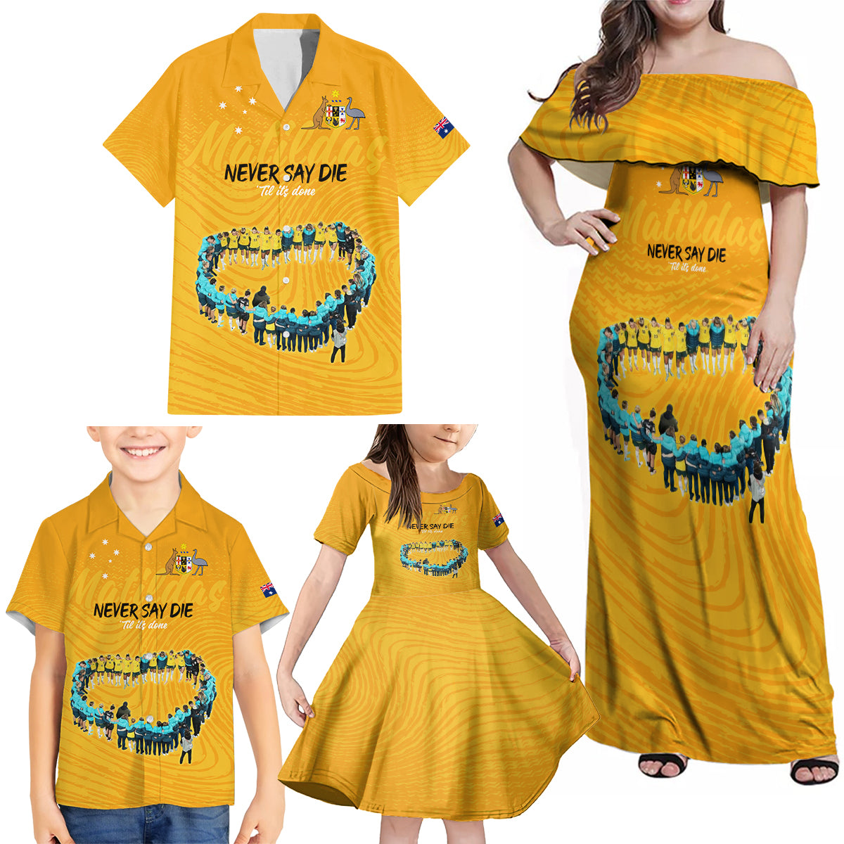 matildas-til-its-done-custom-family-matching-off-shoulder-maxi-dress-and-hawaiian-shirt-australia-womens-soccer-gold-style