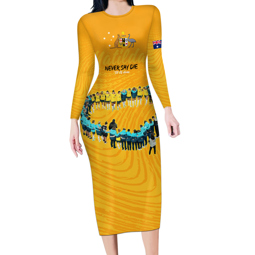 matildas-til-its-done-custom-long-sleeve-bodycon-dress-australia-womens-soccer-gold-style