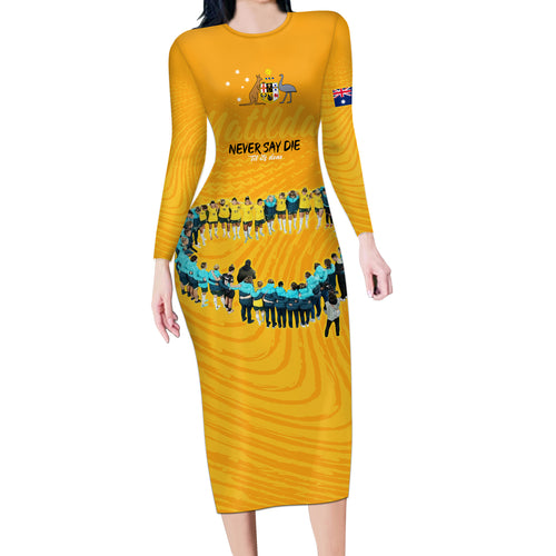 matildas-til-its-done-custom-long-sleeve-bodycon-dress-australia-womens-soccer-gold-style