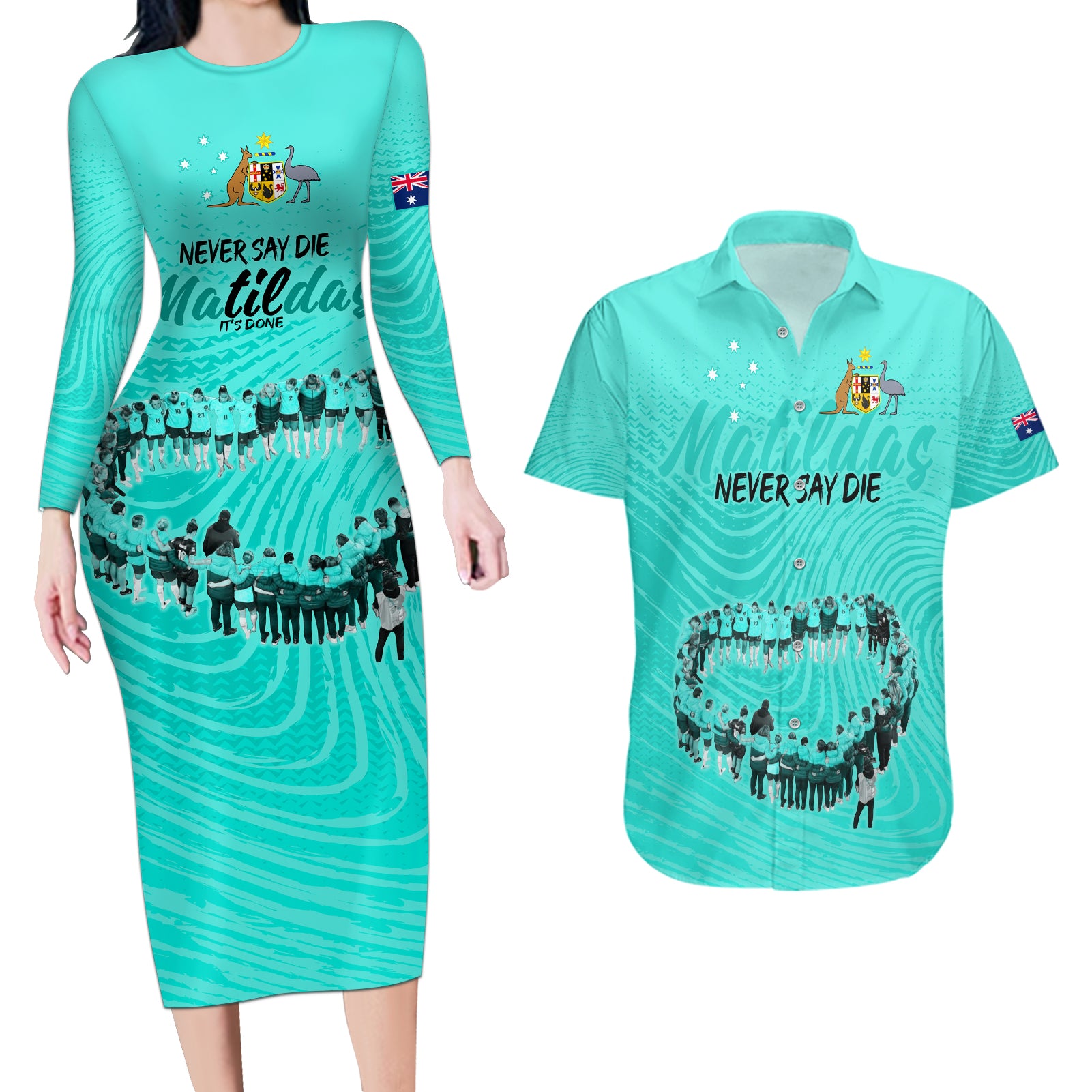 matildas-til-its-done-custom-couples-matching-long-sleeve-bodycon-dress-and-hawaiian-shirt-australia-womens-soccer-turquoise-style