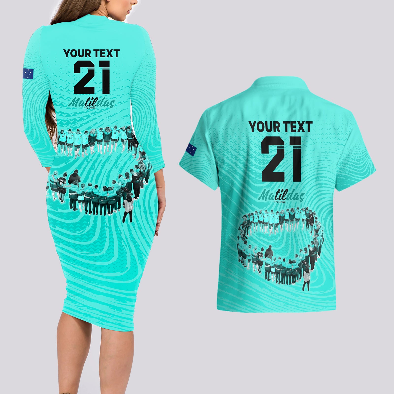matildas-til-its-done-custom-couples-matching-long-sleeve-bodycon-dress-and-hawaiian-shirt-australia-womens-soccer-turquoise-style