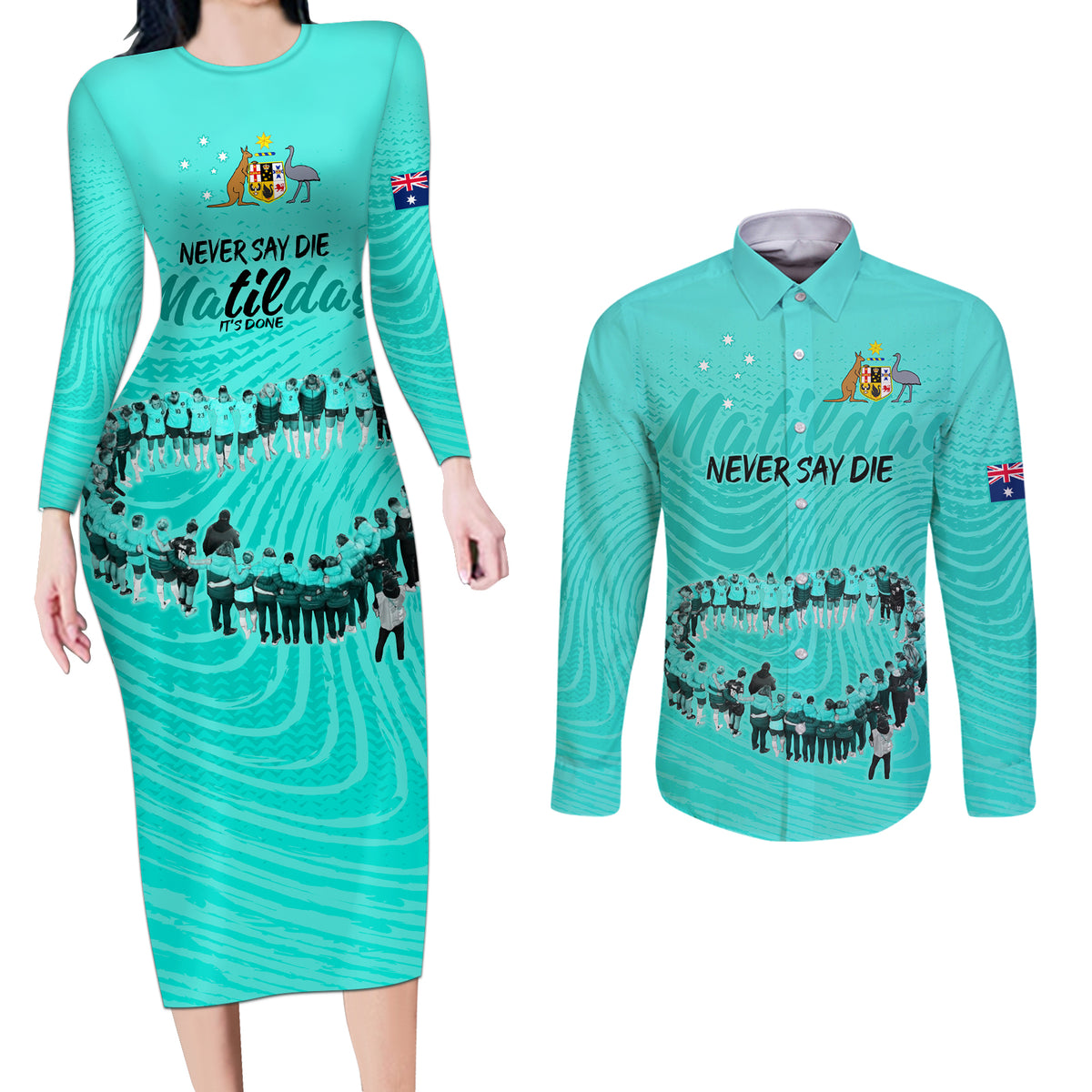 matildas-til-its-done-custom-couples-matching-long-sleeve-bodycon-dress-and-long-sleeve-button-shirt-australia-womens-soccer-turquoise-style