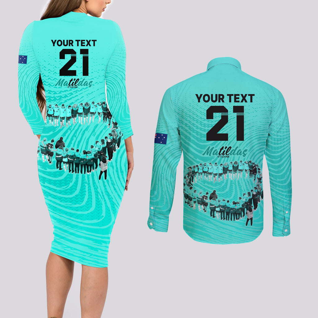 matildas-til-its-done-custom-couples-matching-long-sleeve-bodycon-dress-and-long-sleeve-button-shirt-australia-womens-soccer-turquoise-style