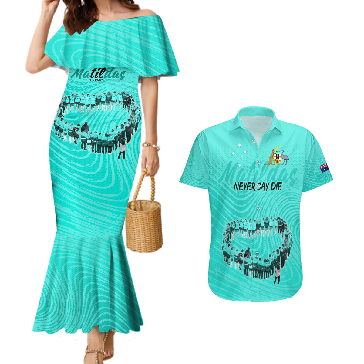 matildas-til-its-done-custom-couples-matching-mermaid-dress-and-hawaiian-shirt-australia-womens-soccer-turquoise-style