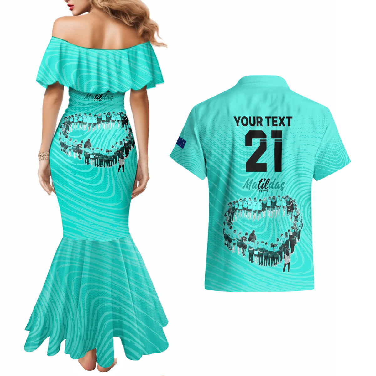 matildas-til-its-done-custom-couples-matching-mermaid-dress-and-hawaiian-shirt-australia-womens-soccer-turquoise-style