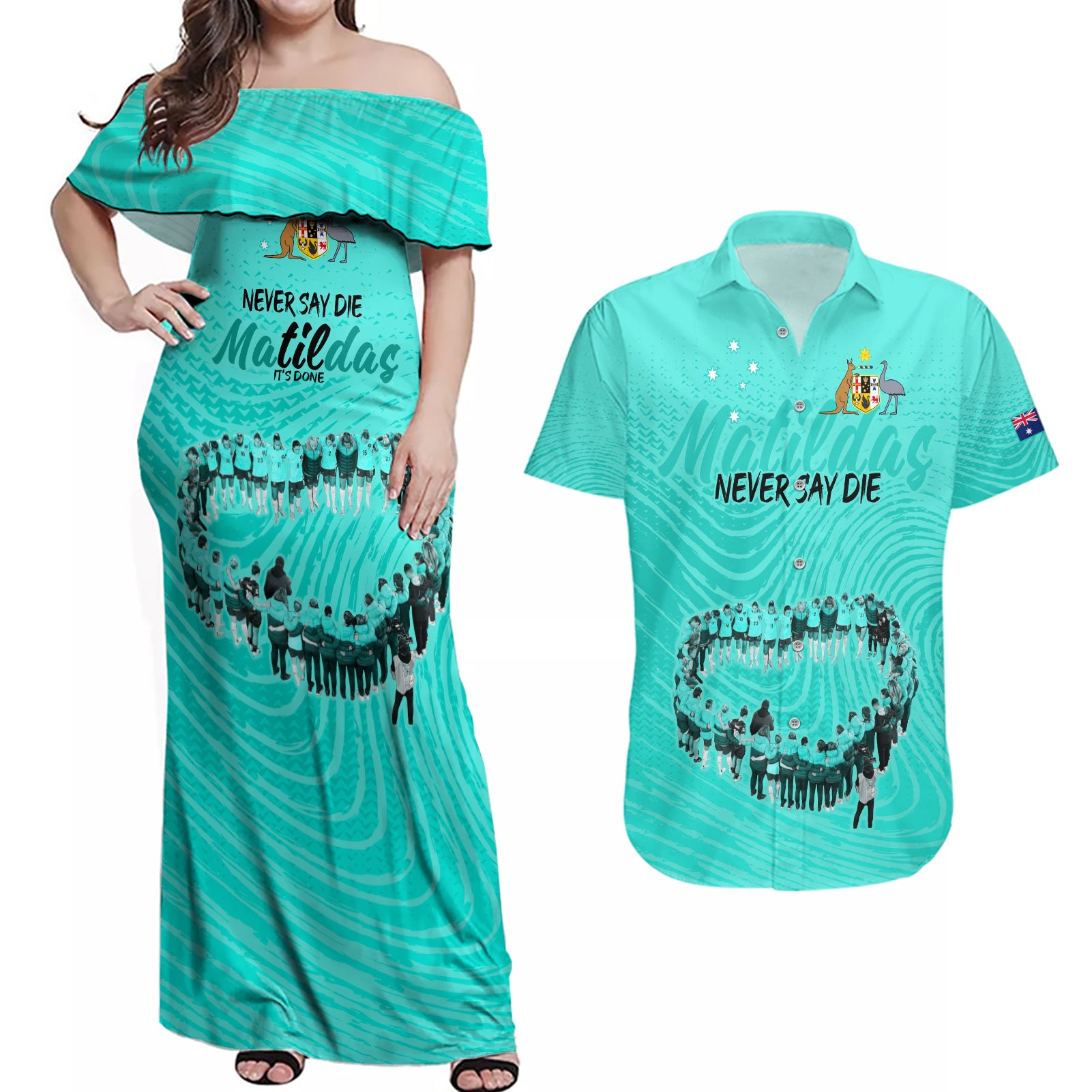 matildas-til-its-done-custom-couples-matching-off-shoulder-maxi-dress-and-hawaiian-shirt-australia-womens-soccer-turquoise-style