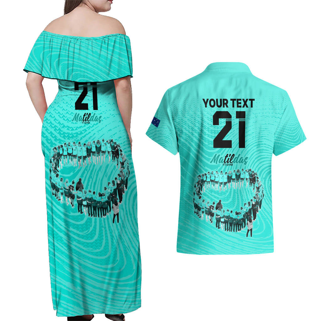 matildas-til-its-done-custom-couples-matching-off-shoulder-maxi-dress-and-hawaiian-shirt-australia-womens-soccer-turquoise-style