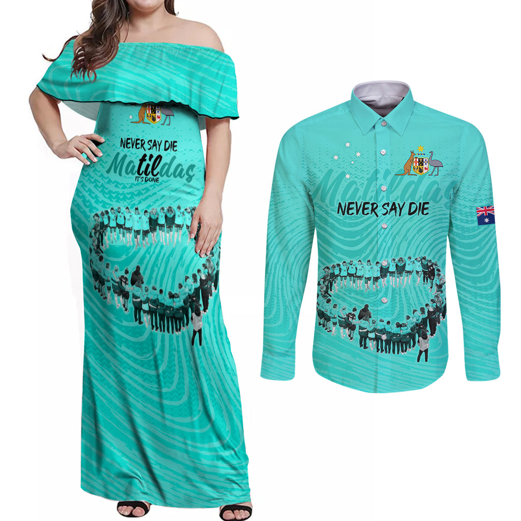 matildas-til-its-done-custom-couples-matching-off-shoulder-maxi-dress-and-long-sleeve-button-shirt-australia-womens-soccer-turquoise-style