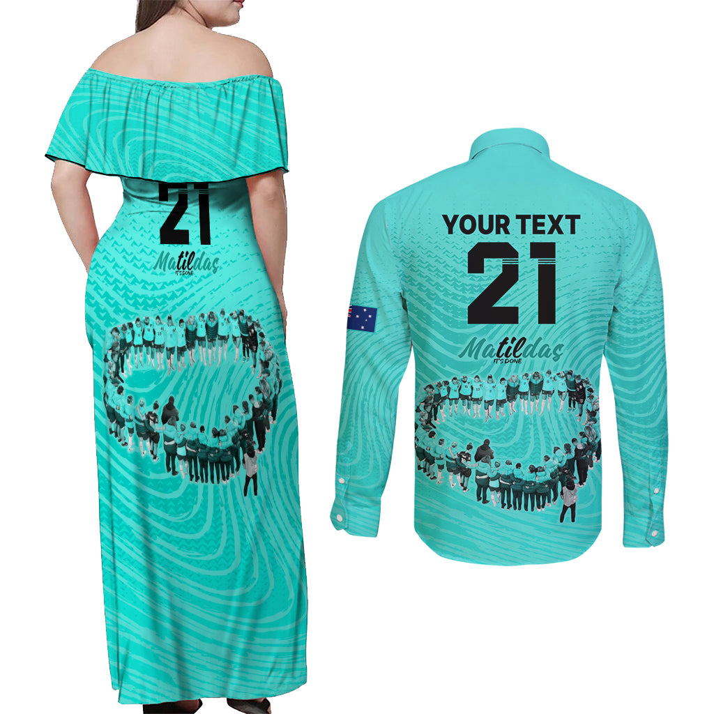 matildas-til-its-done-custom-couples-matching-off-shoulder-maxi-dress-and-long-sleeve-button-shirt-australia-womens-soccer-turquoise-style