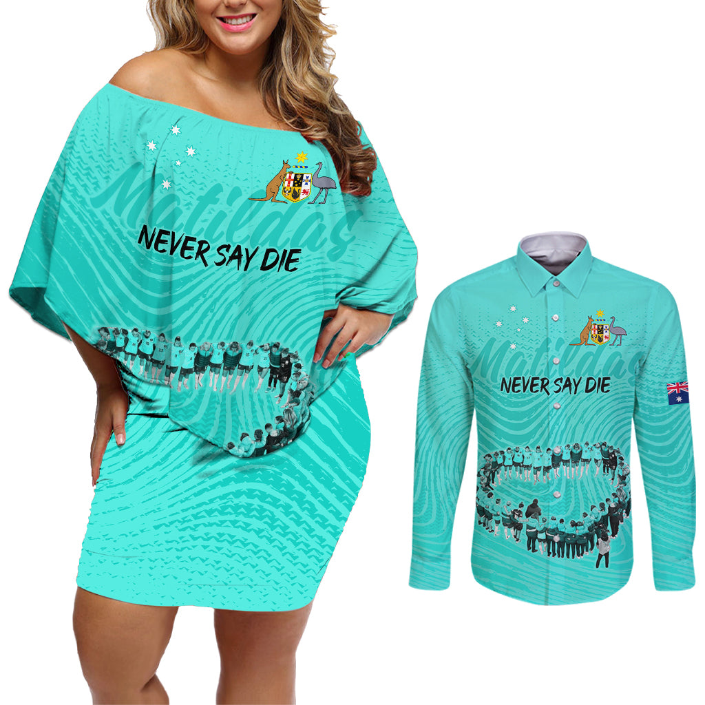 matildas-til-its-done-custom-couples-matching-off-shoulder-short-dress-and-long-sleeve-button-shirt-australia-womens-soccer-turquoise-style