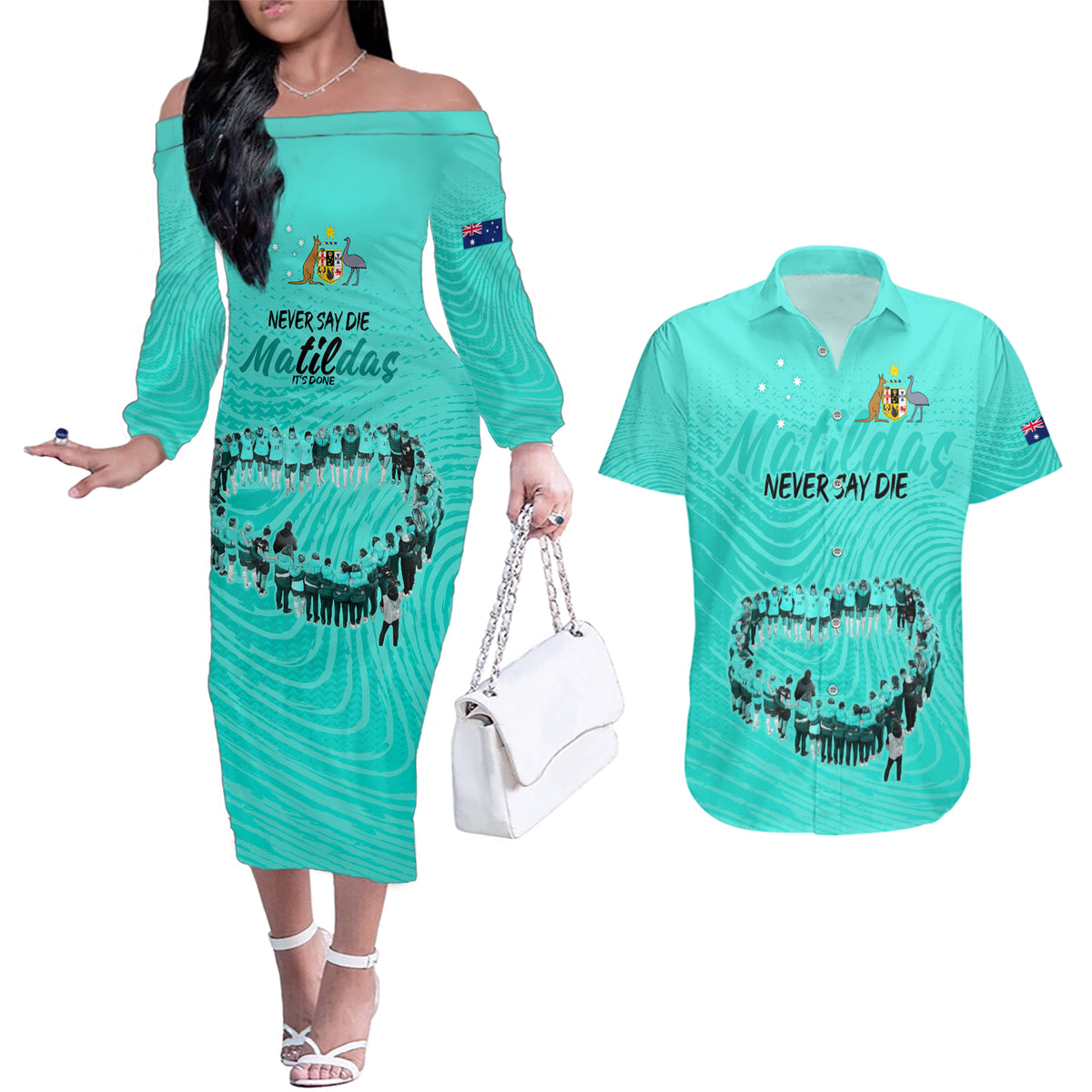 matildas-til-its-done-custom-couples-matching-off-the-shoulder-long-sleeve-dress-and-hawaiian-shirt-australia-womens-soccer-turquoise-style