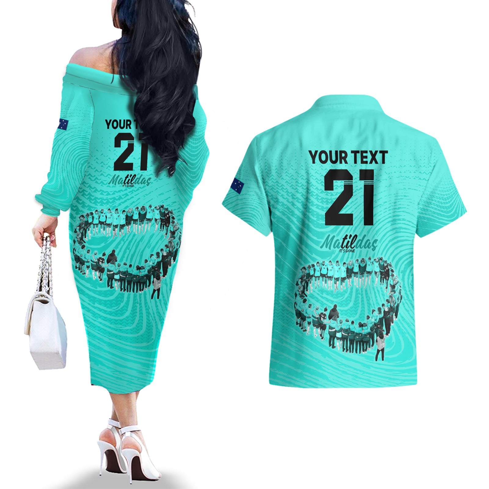 matildas-til-its-done-custom-couples-matching-off-the-shoulder-long-sleeve-dress-and-hawaiian-shirt-australia-womens-soccer-turquoise-style