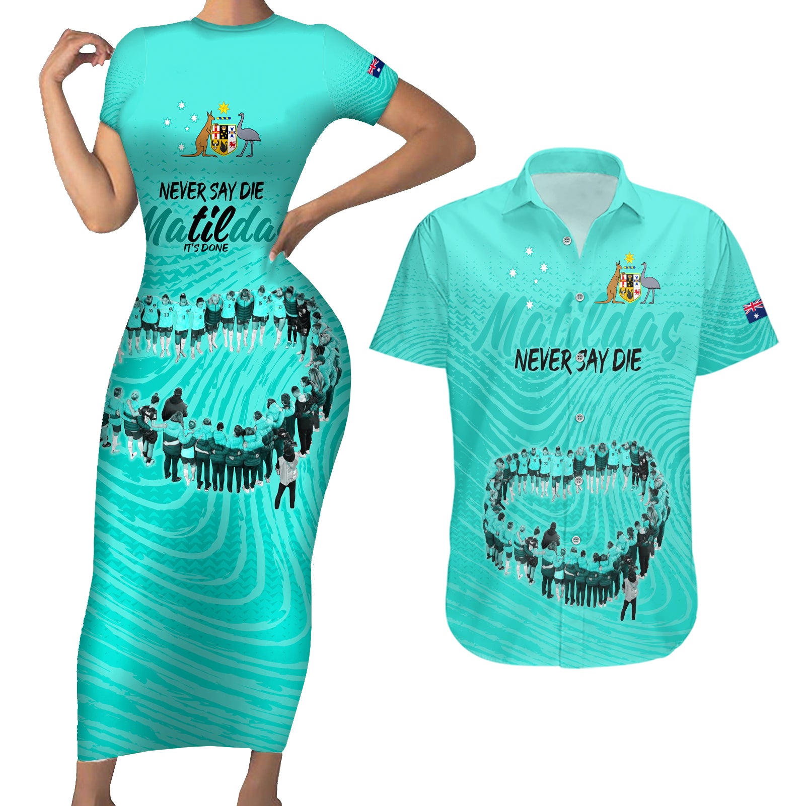 matildas-til-its-done-custom-couples-matching-short-sleeve-bodycon-dress-and-hawaiian-shirt-australia-womens-soccer-turquoise-style