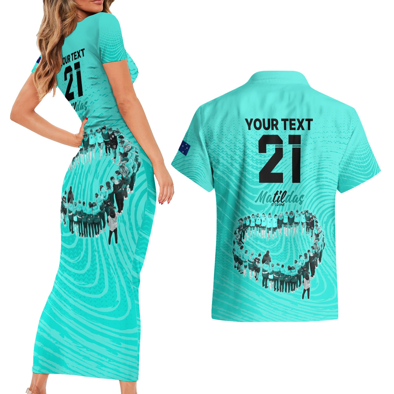 matildas-til-its-done-custom-couples-matching-short-sleeve-bodycon-dress-and-hawaiian-shirt-australia-womens-soccer-turquoise-style