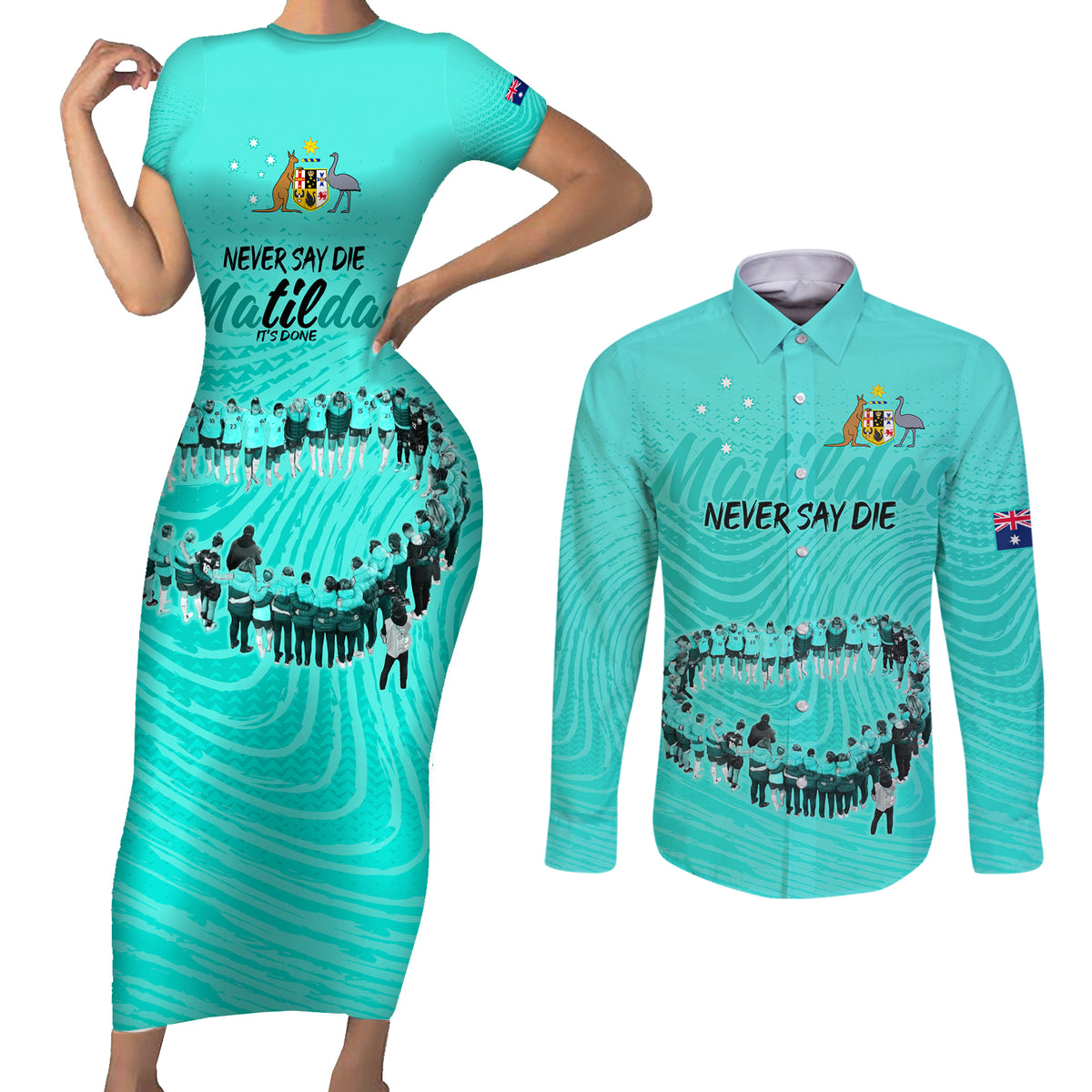 matildas-til-its-done-custom-couples-matching-short-sleeve-bodycon-dress-and-long-sleeve-button-shirt-australia-womens-soccer-turquoise-style