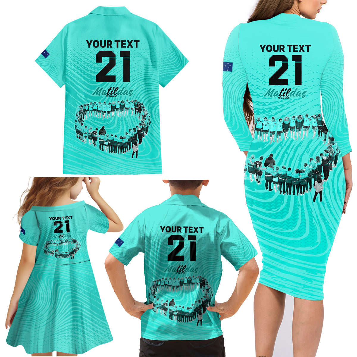 matildas-til-its-done-custom-family-matching-long-sleeve-bodycon-dress-and-hawaiian-shirt-australia-womens-soccer-turquoise-style