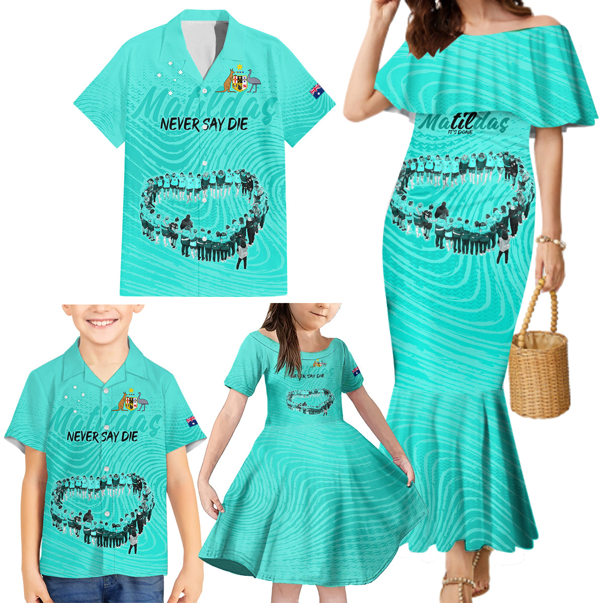 matildas-til-its-done-custom-family-matching-mermaid-dress-and-hawaiian-shirt-australia-womens-soccer-turquoise-style