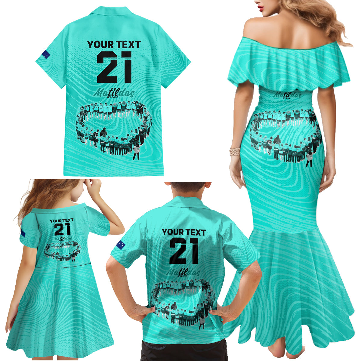 matildas-til-its-done-custom-family-matching-mermaid-dress-and-hawaiian-shirt-australia-womens-soccer-turquoise-style