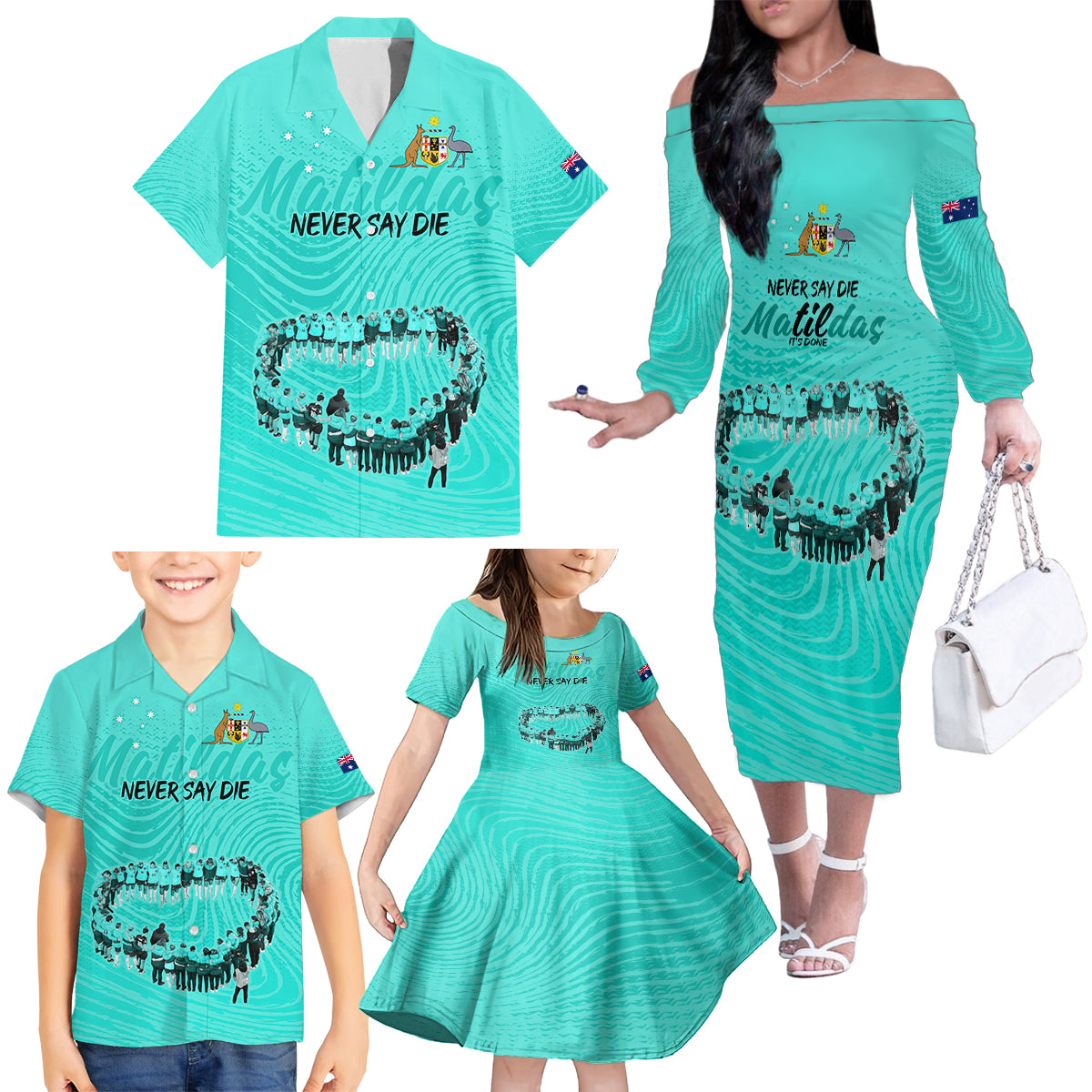matildas-til-its-done-custom-family-matching-off-shoulder-long-sleeve-dress-and-hawaiian-shirt-australia-womens-soccer-turquoise-style