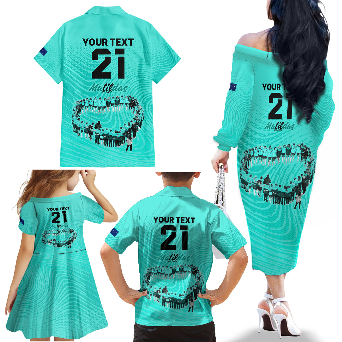 matildas-til-its-done-custom-family-matching-off-shoulder-long-sleeve-dress-and-hawaiian-shirt-australia-womens-soccer-turquoise-style