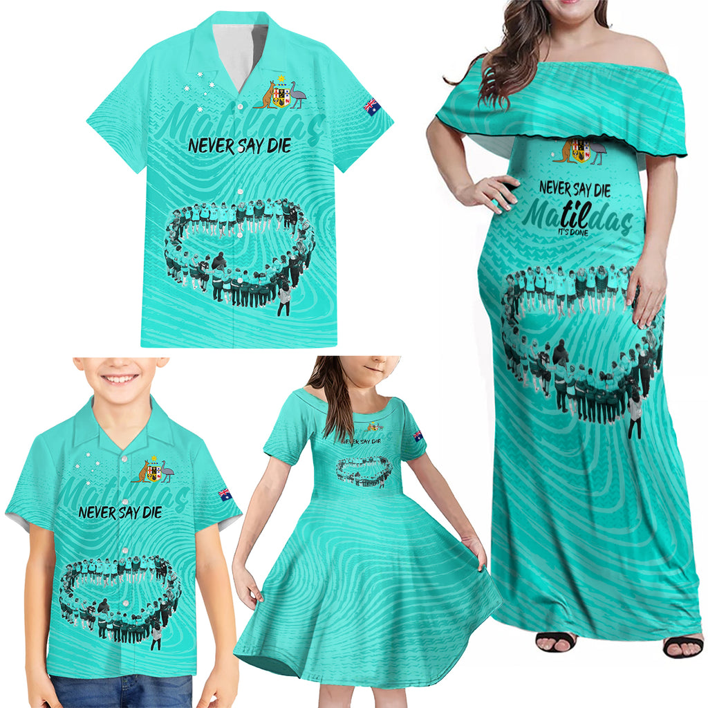 matildas-til-its-done-custom-family-matching-off-shoulder-maxi-dress-and-hawaiian-shirt-australia-womens-soccer-turquoise-style